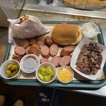 Hard Eight BBQ - Brisket sandwich with half pound of sausage and sides - Barbeque Near Me - Coppell, Texas