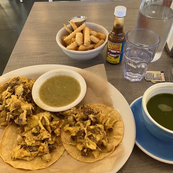 Millie's Cafe - Pasadena - Tacos de huevos with vegetarian sausage on corn tortillas with a side of seasoned fries, and a hot matcha tea. - Breakfast & Brunch Near Me - Pasadena, California
