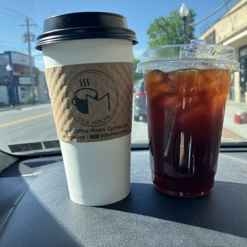Oca Mocha - Large hot Lavender Dreams and a Peachy Keen Cold Brew - Coffee & Tea Near Me - Arbutus, Maryland