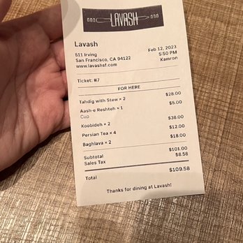 Lavash - Bill for 4 people - Persian/Iranian Near Me - San Francisco, California Lavash - Bill for 4 people - Persian/Iranian Near Me - San Francisco, California
