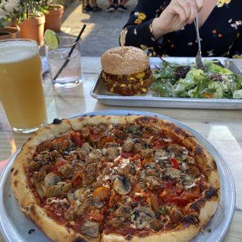 Craft Roots - Sausage and Mushroom Pizza - Bars Near Me - Morgan Hill, California Craft Roots - Sausage and Mushroom Pizza - Bars Near Me - Morgan Hill, California