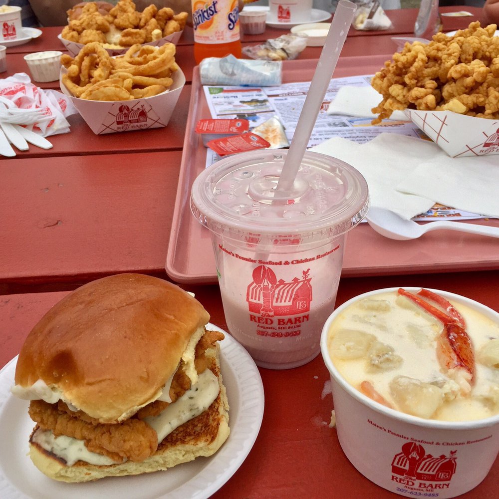 The Red Barn - Filet fish sandwich x2, seafood stew (chock full), black raspberry shake, clam strips, onion rings, and scallops. All VERY good! - Seafood Near Me - Augusta, Maine The Red Barn - Filet fish sandwich x2, seafood stew (chock full), black raspberry shake, clam strips, onion rings, and scallops. All VERY good! - Seafood Near Me - Augusta, Maine