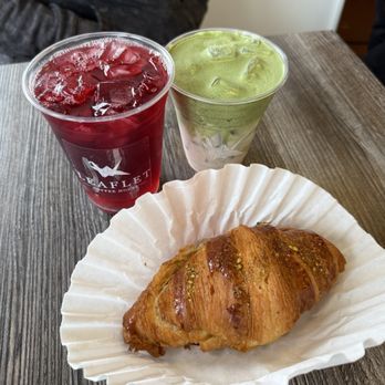 Leaflet Coffee House - Super fruit tea, seasonal "wisdom of a snake" drink (black sesame, vanilla, matcha) and a pistachio croissant. - Coffee & Tea Near Me - Monterey Park, California Leaflet Coffee House - Super fruit tea, seasonal "wisdom of a snake" drink (black sesame, vanilla, matcha) and a pistachio croissant. - Coffee & Tea Near Me - Monterey Park, California