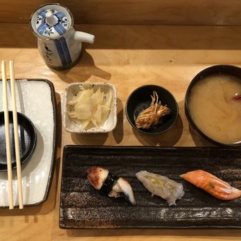 Daigo - A set of three pieces of Nigiri (unagi, aoebi, and umimasu), and a side of miso soup! - Sushi Bars Near Me - Palo Alto, California Daigo - A set of three pieces of Nigiri (unagi, aoebi, and umimasu), and a side of miso soup! - Sushi Bars Near Me - Palo Alto, California