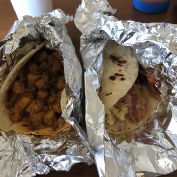 Marys Tacos - Left: chorizo and potato, left: bean and egg with strip bacon - Tacos Near Me - Helotes, Texas