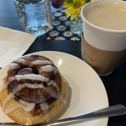 The Blue Cafe - Cinnamon roll and a lavender cappuccino