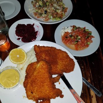 Miriam - chicken schnitzel (with beets and salad) and a Mediterranean Salad. - Wine Bars Near Me - Brooklyn, New York Miriam - chicken schnitzel (with beets and salad) and a Mediterranean Salad. - Wine Bars Near Me - Brooklyn, New York