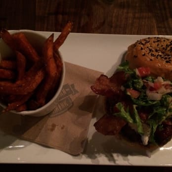 Eureka! - Fresno fig burger with honey cinnamon sweet potato fries! - American Near Me - Austin, Texas Eureka! - Fresno fig burger with honey cinnamon sweet potato fries! - American Near Me - Austin, Texas