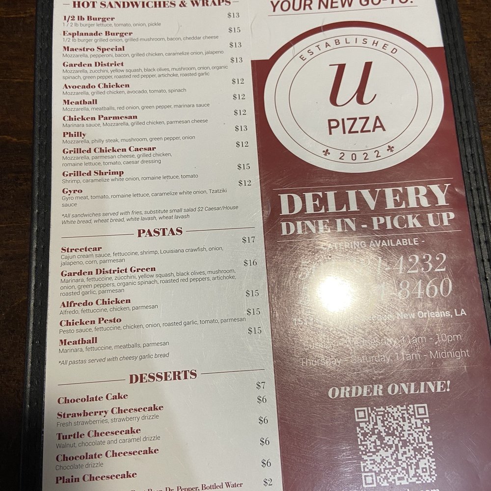 U Pizza - Front of menu - Pizza Near Me - New Orleans, Louisiana U Pizza - Front of menu - Pizza Near Me - New Orleans, Louisiana