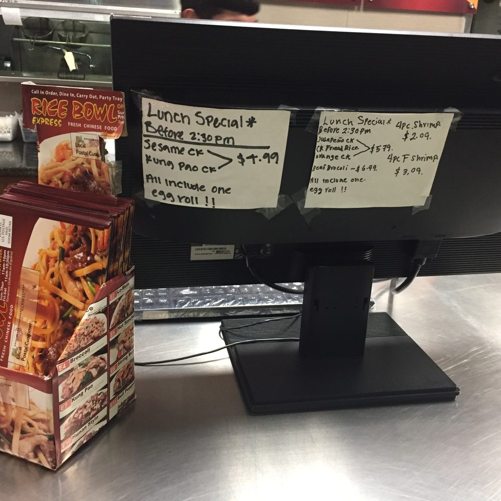 Rice Bowl Express - Specials on their register. Order beofre 2:30 for a free egg roll on specials! - Chinese Near Me - Garland, Texas Rice Bowl Express - Specials on their register. Order beofre 2:30 for a free egg roll on specials! - Chinese Near Me - Garland, Texas