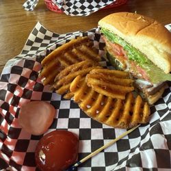 Hardy's Hotwings, Burgers & Ice Cream - Pop R Onion Burger with Waffle Fries and Veggie Patty