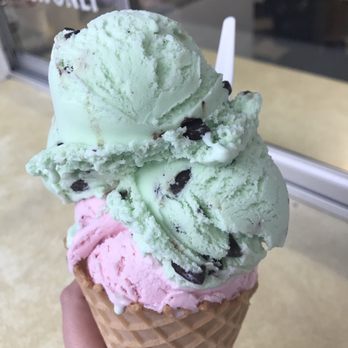 East End Double Dip - Double scoop of mint chocolate chip and strawberry in a waffle cone - Pizza Near Me - Peru, Indiana