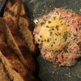 Sparrow + Wolf - The combination of this steak tartare on this delicious grilled bread was legendary! - New American Near Me - Las Vegas, Nevada