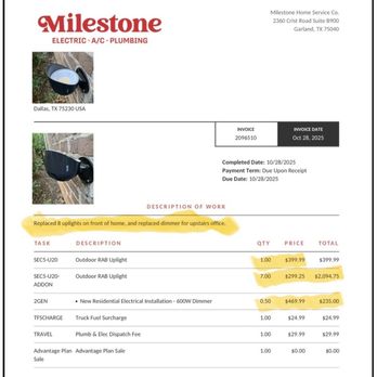 Milestone Electric, A/C, & Plumbing - Never hire Milestone. Shockingly over priced - Electricians Near Me - Dallas, Texas