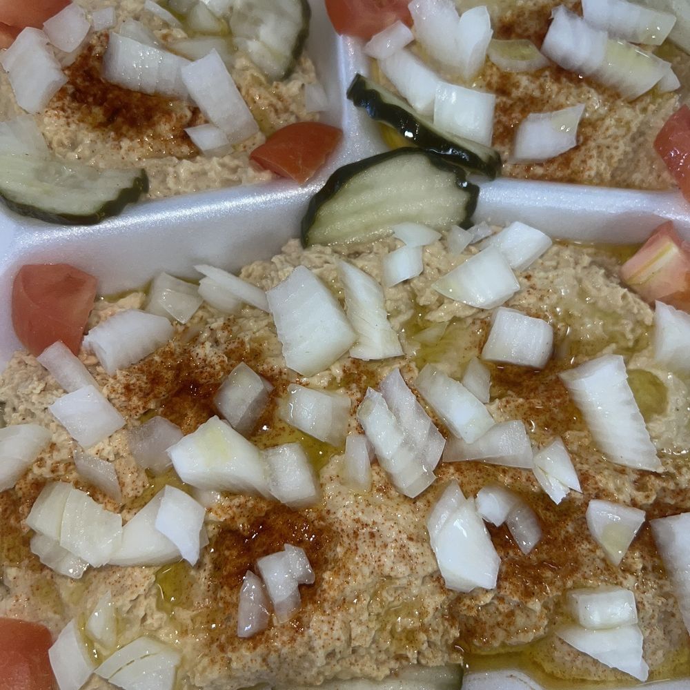 Super Gyros - Humus with diced tomatoes and onion and sliced pickles! - Middle Eastern Near Me - Modesto, California