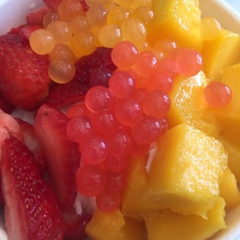 Iceskimo - Milk Icee with fresh strawberries and mango with strawberry and mango poppers. - Ice Cream & Frozen Yogurt Near Me - San Diego, California Iceskimo - Milk Icee with fresh strawberries and mango with strawberry and mango poppers. - Ice Cream & Frozen Yogurt Near Me - San Diego, California