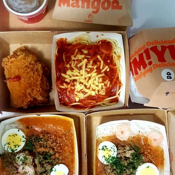 Jollibee - Jollibee now delivers!  Pictured: spicy fried chicken and side gravy, spaghetti with hotdogs, pansit palabok, aloha burger, peach mango pie - Fast Food Near Me - North York, Alberta