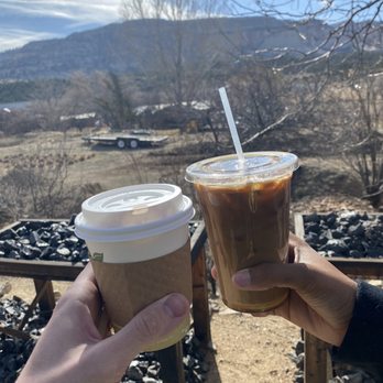 Rock Stop - Iced vanilla latte with almond milk and regular hot coffee - Coffee & Tea Near Me - Orderville, Utah