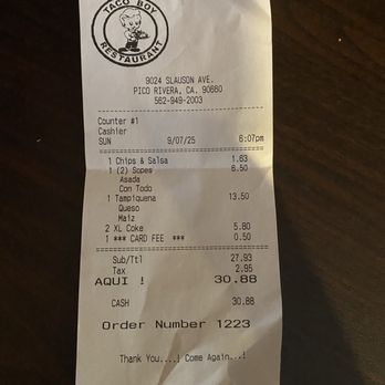 Taco Boy - Receipt - Sept 7th, 2024 - Tacos Near Me - Pico Rivera, California Taco Boy - Receipt - Sept 7th, 2024 - Tacos Near Me - Pico Rivera, California