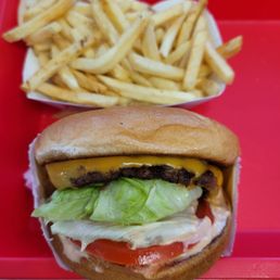 Basic cheeseburger and fries. The meal came with a soft drink as well. Basic cheeseburger and fries. The meal came with a soft drink as well.