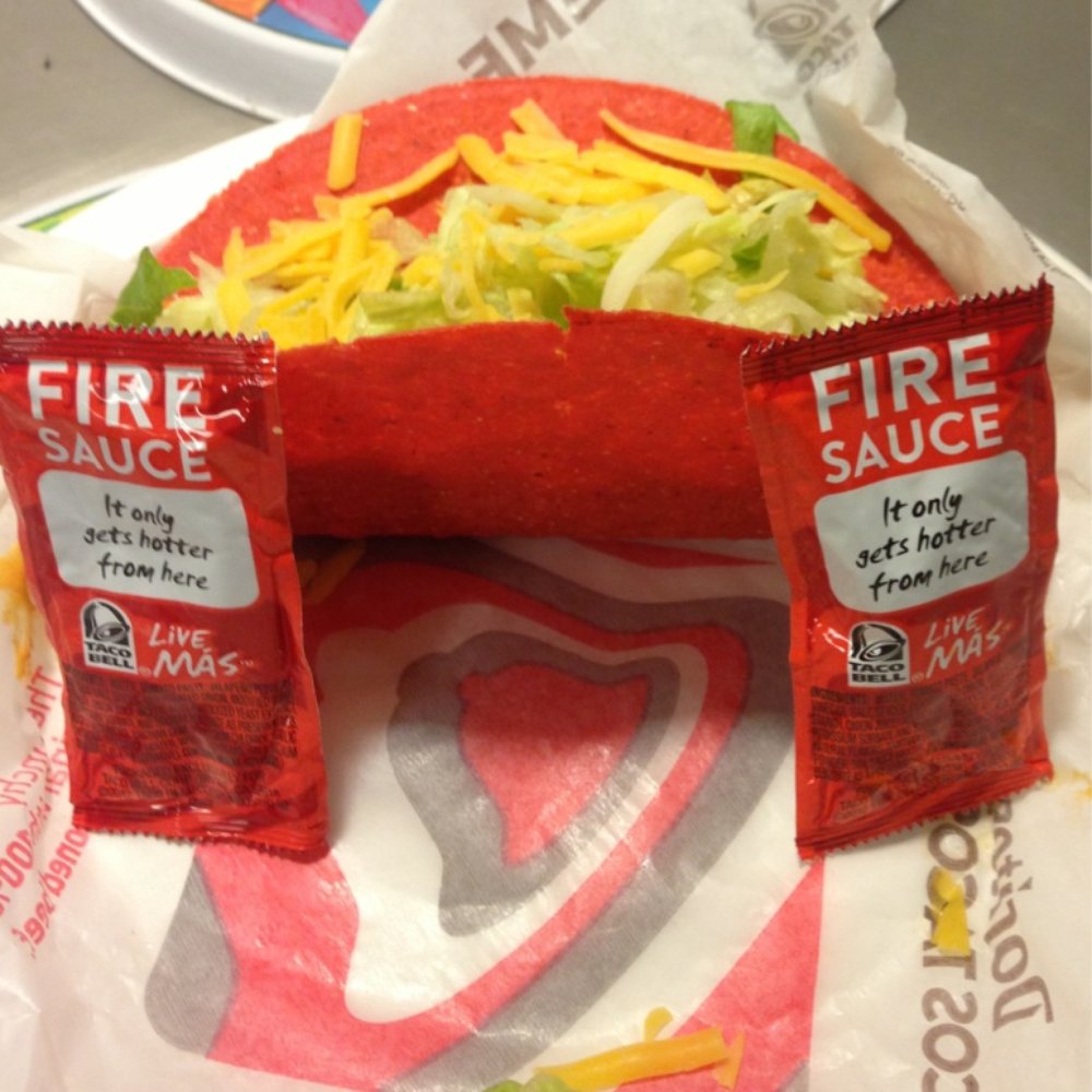 Taco Bell - Volcano taco, fire sauce x2... Hot! Hot! Hot! - Fast Food Near Me - Burbank, California Taco Bell - Volcano taco, fire sauce x2... Hot! Hot! Hot! - Fast Food Near Me - Burbank, California