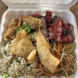 Bbq pork, fried rice, wonton meat, wings and noodles