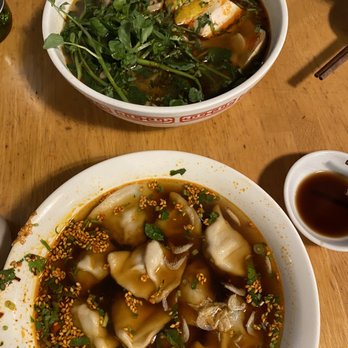 Lao Peng You - Pork & Chive dumplings, Chicken Noodle Soup, and a little side of vinegar for those who like to sip - Chinese Near Me - Chicago, Illinois