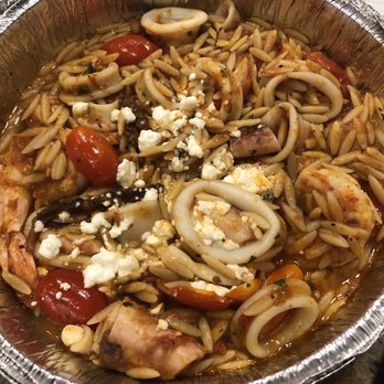 Nostos - Seafood (shrimp, octopus, calamari) with orzo - daily special - Greek Near Me - Vienna, Virginia Nostos - Seafood (shrimp, octopus, calamari) with orzo - daily special - Greek Near Me - Vienna, Virginia