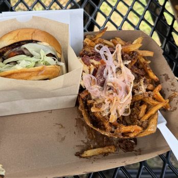 DJ's Cast Iron Burgers - Deluxe Burger and loaded fries. - Burgers Near Me - Gainesville, Florida DJ's Cast Iron Burgers - Deluxe Burger and loaded fries. - Burgers Near Me - Gainesville, Florida