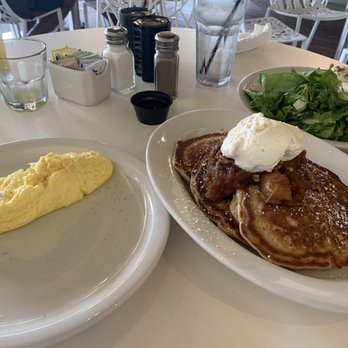 Briarpatch Restaurant - Apple compote, buttered pecans, amaretto cream on pancakes.    Excellent side order of scrambled eggs. - American Near Me - Winter Park, Florida