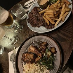 Montpeliers - crispy pork belly, chargrilled 21 day aged sirloin steak lychee marg, and a pint of peroni