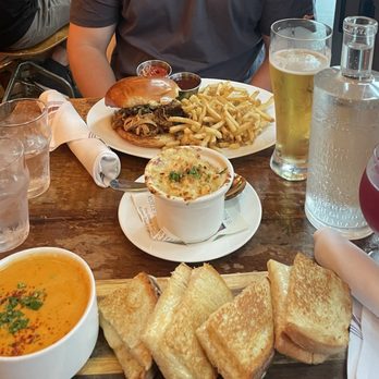 Centennial Crafted Beer & Eatery - Mac Cheese  BBQ Sandwich with fries And tomato bisque with grilled cheese - Beer Bar Near Me - Chicago, Illinois