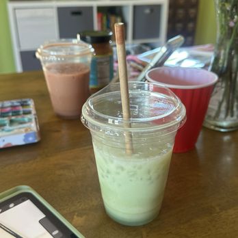 Palabras Bilingual Bookstore - iced oat matcha latte with honey vanilla sweetner - Bookstores Near Me - Phoenix, Arizona