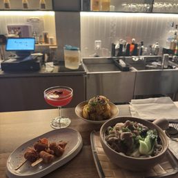 Beef udon, hibiscus margarita, corn ribs, beef enoki skewers