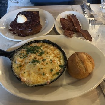 Oddfellows Cafe & Bar - Brioche French Toast, Baked Eggs, Side of Bacon - Breakfast & Brunch Near Me - Seattle, Washington