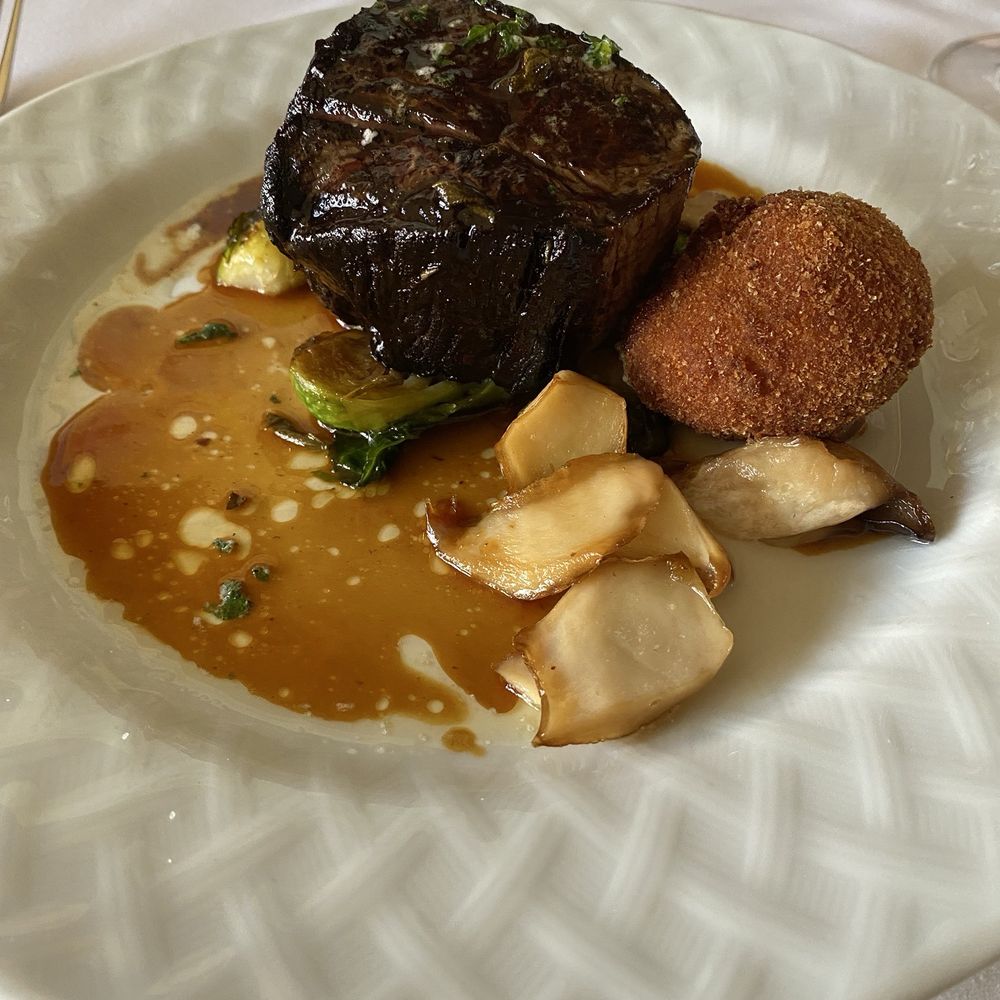 Bistro Provence - Beef tenderloin with crispy brussel sprouts and risotto ball. - French Near Me - Bethesda, Maryland