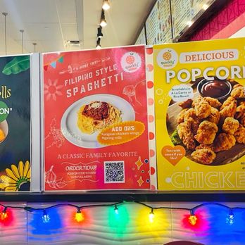 Quickly - Three menu boards feature fried banana rolls, Filipino-style spaghetti, and chicken popcorn, with QR codes for online ordering, in a fast-food setting. - Bubble Tea Near Me - Johnstown, Colorado