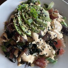 Poke on a bed of salad instead of rice, without wasabi. Poke on a bed of salad instead of rice, without wasabi.