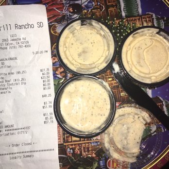 Luna Grill Rancho San Diego - We asked for NO Spicy Tzatziki and plain gyros. They don't care to check and I didn't see the sauces were yellow instead of white. - Mediterranean Near Me - El Cajon, California Luna Grill Rancho San Diego - We asked for NO Spicy Tzatziki and plain gyros. They don't care to check and I didn't see the sauces were yellow instead of white. - Mediterranean Near Me - El Cajon, California