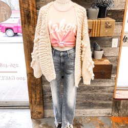 Ashe. Clothing - chunky knit sweater with tee. paired with seven for all mankind jeans