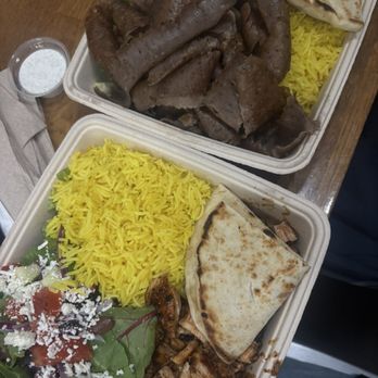 The Kebab Shop - honey chicken plate w greek salad and saffron rice & lamb plate w caesar salad & saffron rice - Mediterranean Near Me - San Diego, California