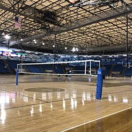Gym area set up for volleyball
