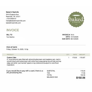 Baked in Nashville - Receipt invoice and price for a 6" round cake - Desserts Near Me - Nashville, Tennessee Baked in Nashville - Receipt invoice and price for a 6" round cake - Desserts Near Me - Nashville, Tennessee