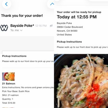 Bayside Poke - Timestamp of order and pickup time as well as the extra notes filled out - Poke Near Me - Newark, California