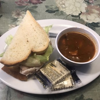 Exeter Whistle Stop - Cup of soup and 1/2 sandwich combo.  Vegetable beef soup and turkey sandwich. - American Near Me - Exeter, California