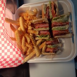 Hard Hat Cafe - Club sandwich with fries.
