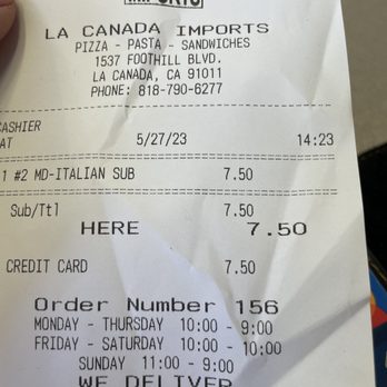 LC Imports - Receipt - Pizza Near Me - La Canada, California