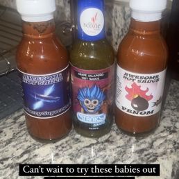Blueberry supernova awesome hot sauce, stanky jalapeño sauce, venom awesome hot sauce