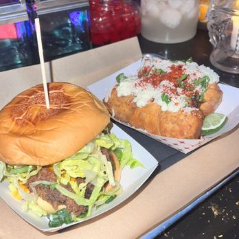 Abe's Pagoda Bar - Sambal Buffalo Fried Chicken Sandwich and Elote Egg Rolls - Tiki Bars Near Me - Brooklyn, New York