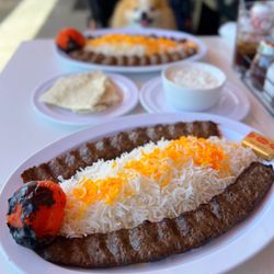 Shishkabob Mediterranean - Double Koobideh Plate: Ground Beef Kebab w/ rice  ($17) & Mastomoosir: Yogurt w/ shallot Dip ($5)